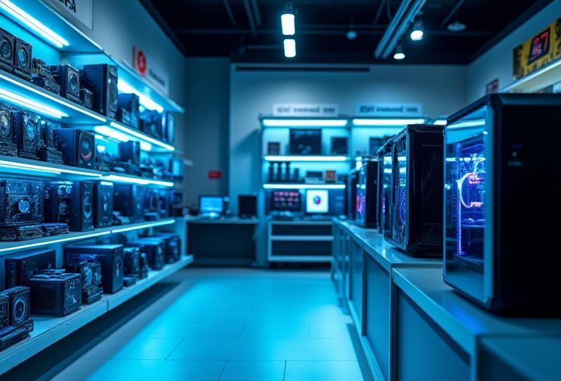 Interior view of Apex Byte Solutions store - Clean, modern tech store with display PCs and components.