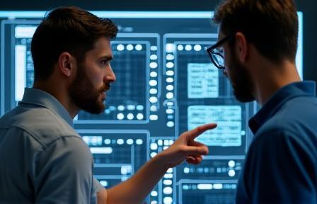 Two people discussing computer parts - Expert consulting with a client, pointing at a computer part.