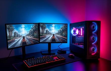 High-performance gaming PC setup - Showing monitors, keyboard, mouse, and a powerful computer tower.