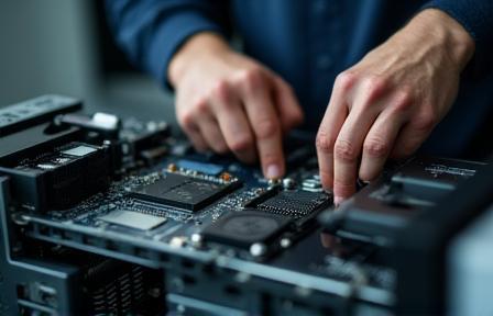 Technician working on a computer - Close-up view of hands assembling or repairing PC components.